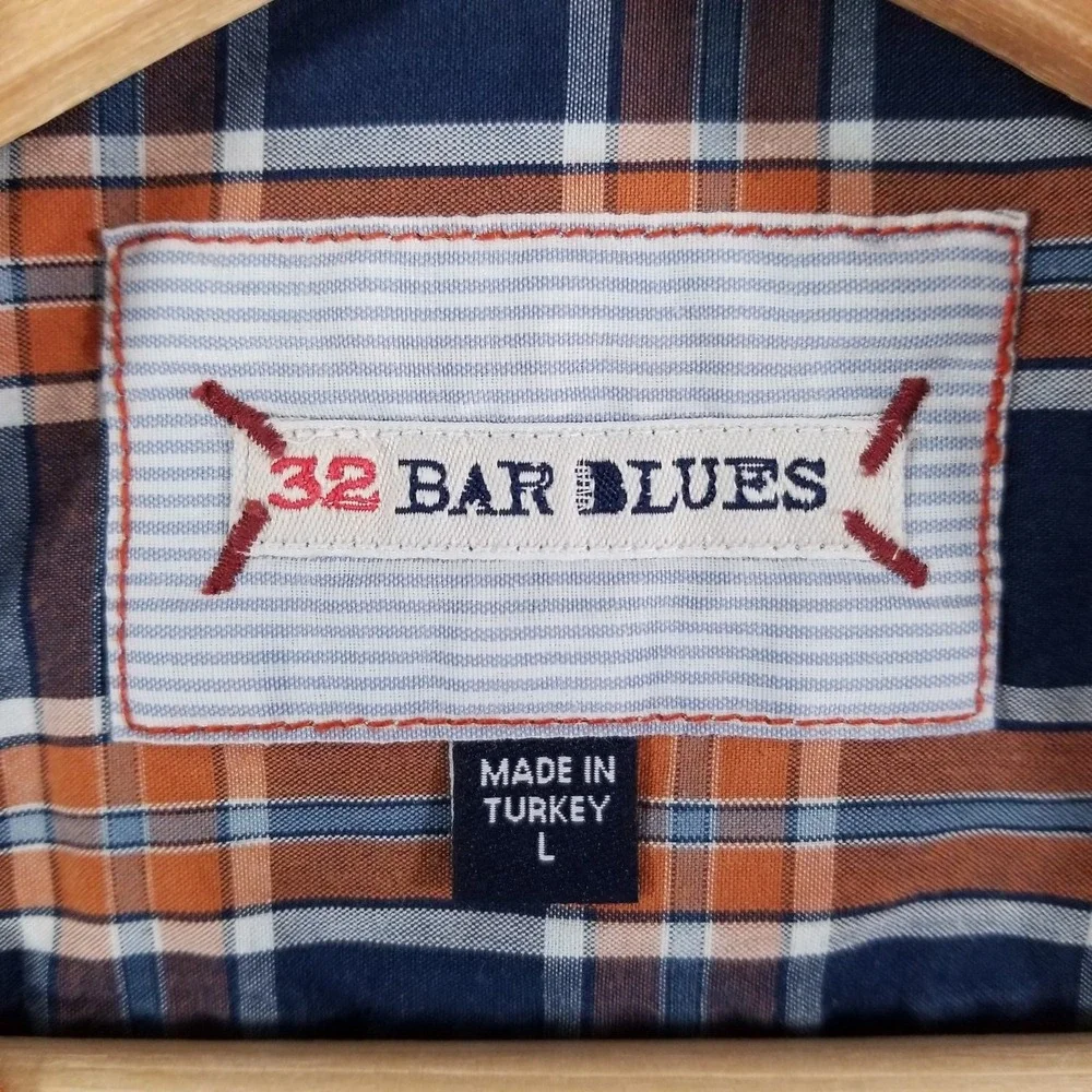 32 Bar Blues Shirt Mens Blue Orange Plaid Long Sleeve Button Down Chest Pockets